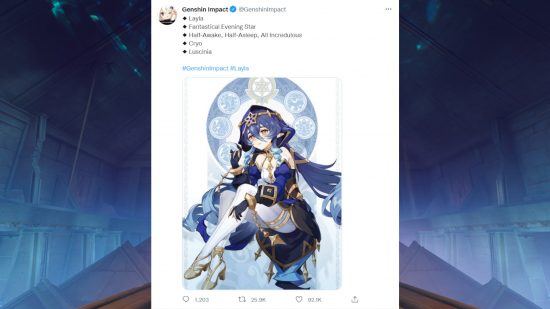 Tweet de marketing por gotejamento de Genshin Impact Layla mostrando sua arte inicial