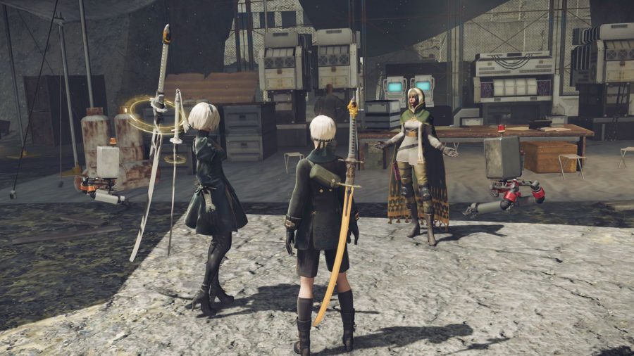 Nier Automata 9S e 2B conversando com um comerciante.