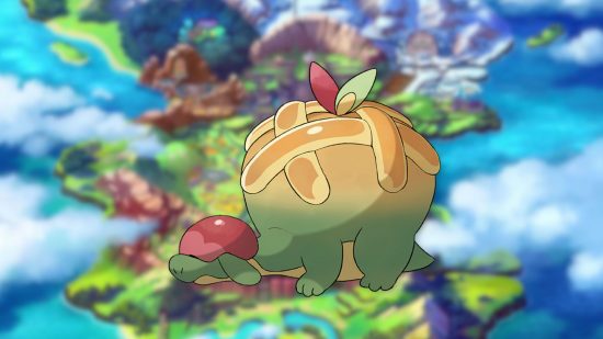 Imagem de Appletun em um fundo de Galar para o melhor guia de Pokémon da 8ª geração