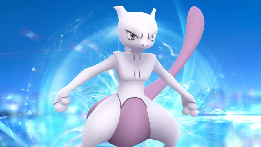 Mewtwo de Pokemon Go contra um fundo azul