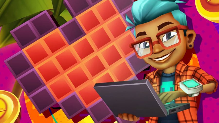 Personagem de Subway Surfers em um laptop