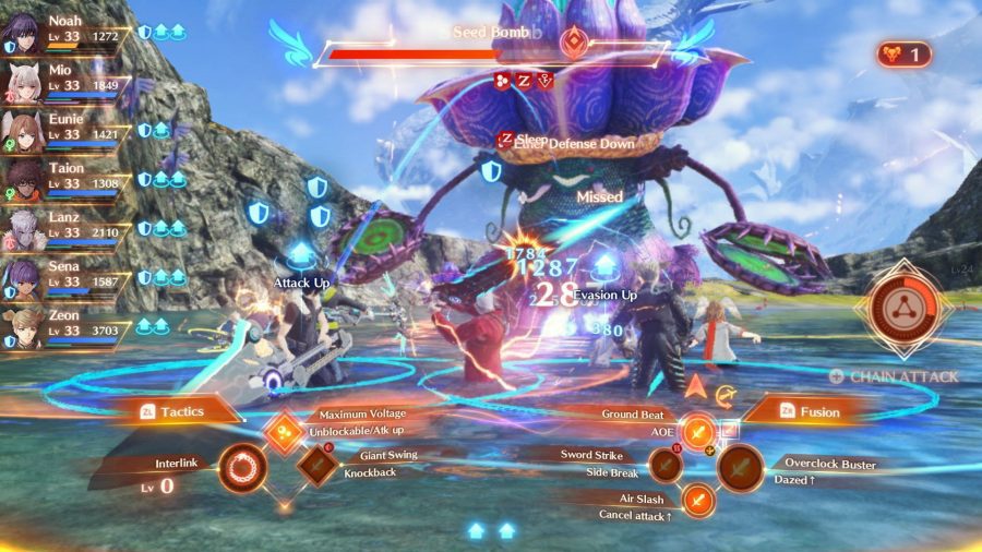 No meio da batalha em Xenoblade Chronicles 3. A tela está repleta de ícones, números e outros efeitos.  A festa é difícil de ver, mas lutando contra um monstro gigante, parecido com uma flor.  Eles ficam na água.