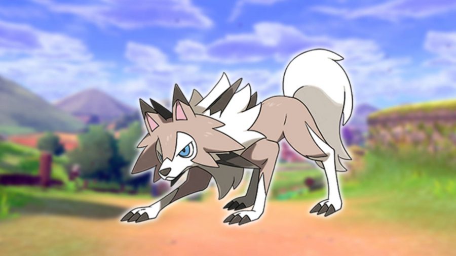 Melhor Pokémon de cachorro: o Pokémon lobisomem chamado Lycanroc é mostrado contra um fundo verde