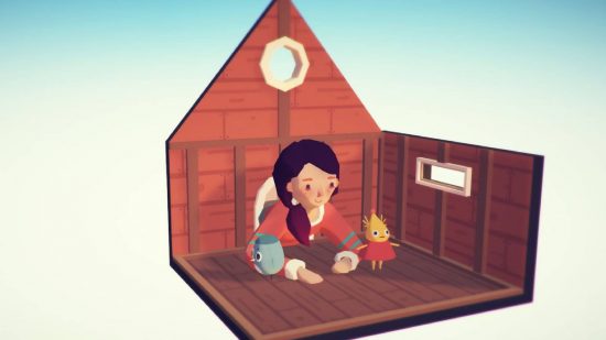 Nurnies Ooblets: uma captura de tela do jogo Ooblets mostra um personagem se aproximando de uma pequena cabana de madeira conhecida como Oobcoop 