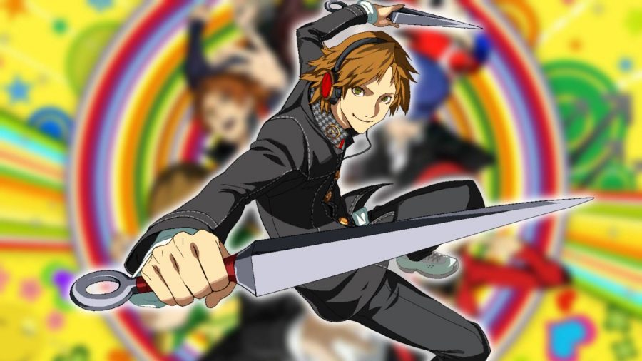 Persona Persona 4: Yosuke de Persona 4 Golden fica em uma pose ativa empunhando duas lâminas 