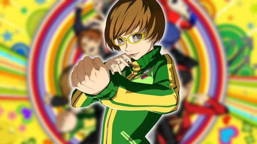 Persona 4 Persona: Chie de Persona 4 Golden fica firme em uma pose de luta, vestindo sua roupa clássica amarela e verde