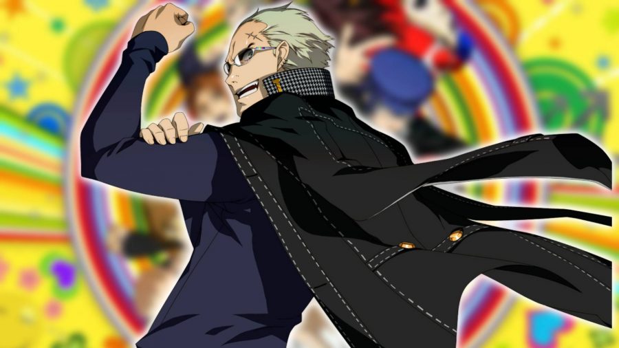 Persona 4 Persona: Kanji de Persona 4 Golden aparece em uma pose dinâmica, com sua capa flutuando ao vento 