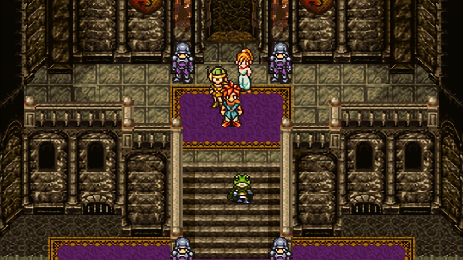 Best mobile RPGs: Chrono Trigger. Image shows a bunch of characters rendered in a pixel art style inside a castle.