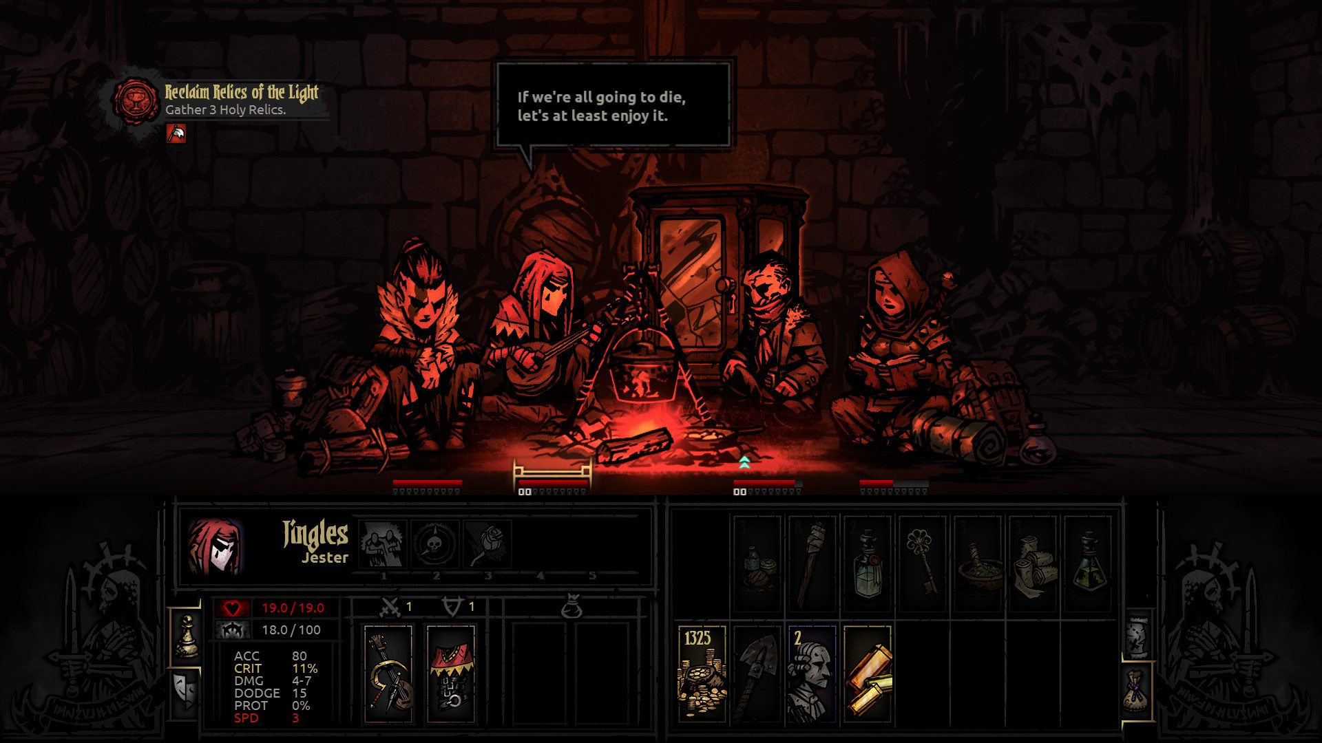 Best mobile RPGs: Darkest Dungeon. Image shows a group of characters sitting around a fire.