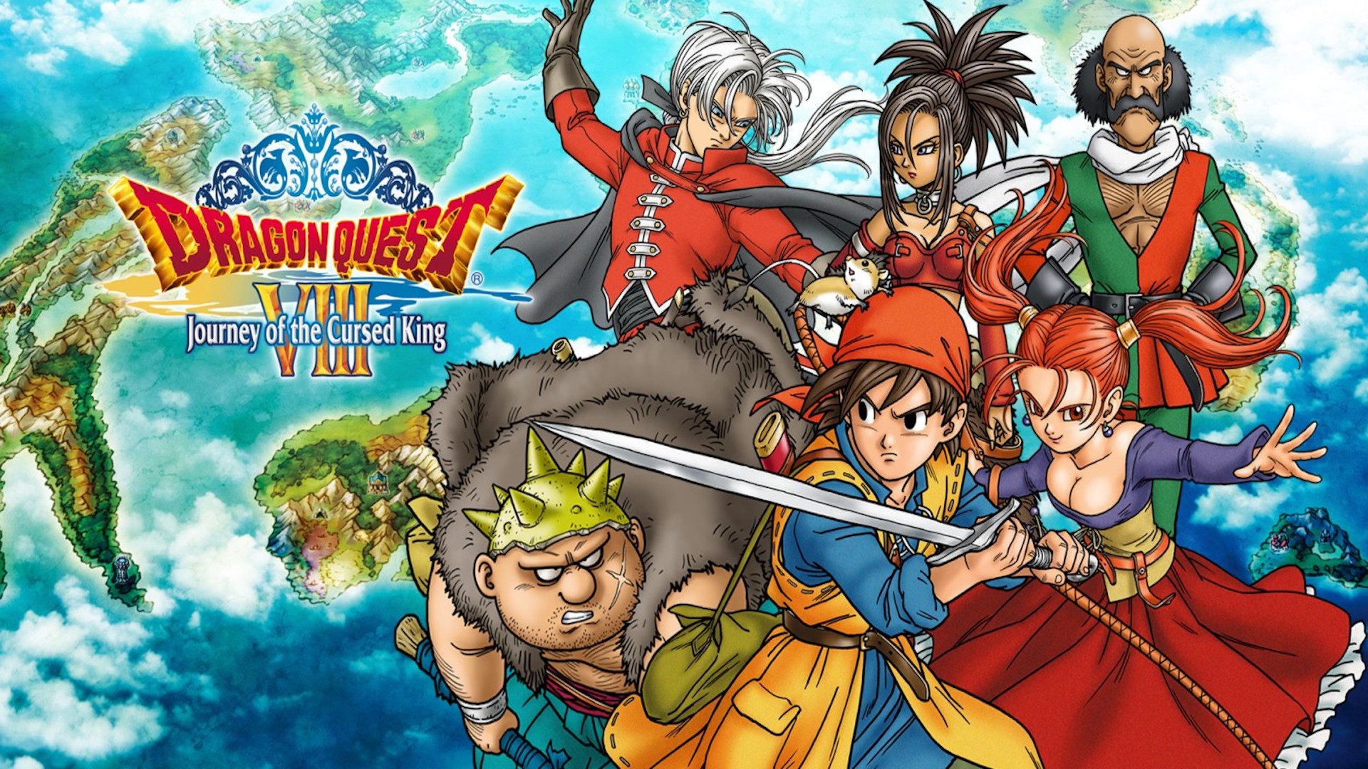 Best mobile RPGs: Dragon Quest VIII. Image shows the game's cast, and its logo, alongside the sub-heading "Journey of the Cursed King".