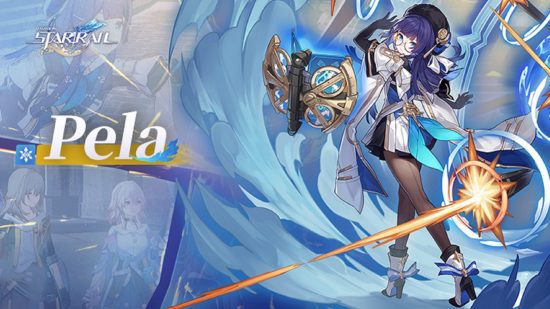 Personagens Honkai Star Rail - Pela, uma garota vestida de azul com longos cabelos negros, realiza magia contra um fundo azul