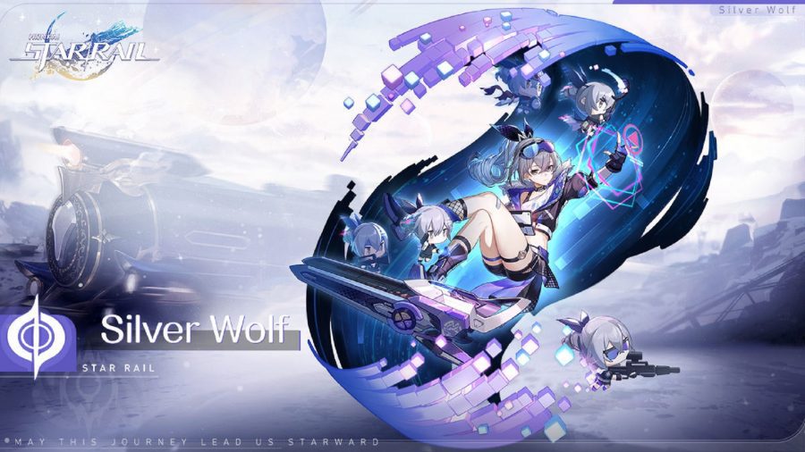 Silver Wolf de Honkai Star Rail flutuando em uma nuvem azul