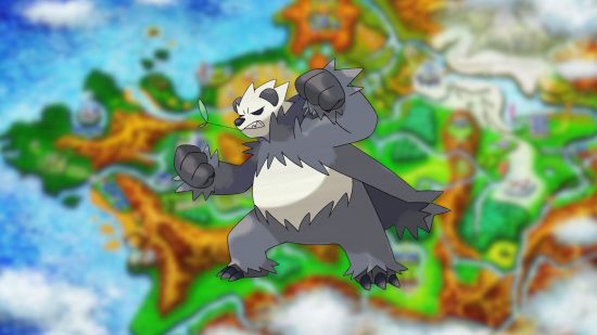 Sprite Pangoro sobre o mapa de Kalos para o guia Pokémon gen 6
