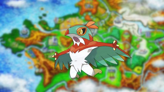 Sprite Hawlucha sobre o mapa de Kalos para o guia Pokémon gen 6