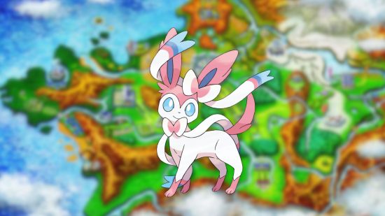 Sprite de Sylveon sobre o mapa de Kalos para o guia Pokémon gen 6