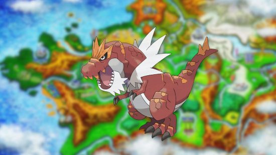Sprite Tyrantrum sobre o mapa de Kalos para o guia Pokémon gen 6