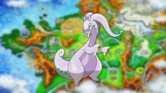 Goodra sprite sobre o mapa de Kalos para o guia Pokémon da geração 6