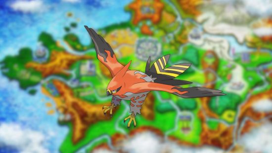 Sprite Talonflame sobre o mapa de Kalos para o guia Pokémon gen 6