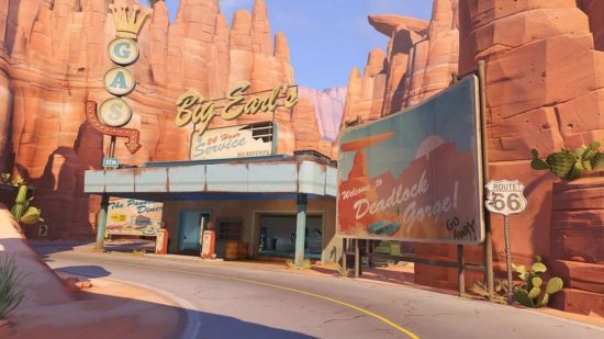 Um mapa de Overwatch 2 mostrando uma cena mostrando um restaurante americano remoto chamado Big Ear'l, ao lado de um grande outdoor.