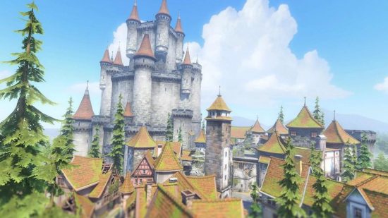 Um mapa de Overwatch 2 mostrando uma cena mostrando um grande castelo com torres pontudas e prédios menores e antiquados abaixo.