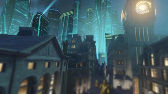 Um mapa de Overwatch 2 mostrando uma cena mostrando a cidade noturna com um grande horizonte futurista e o Big Ben com um relógio holográfico.