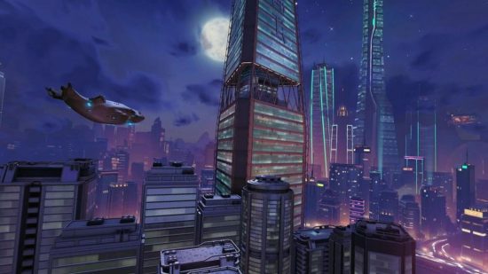 Um mapa de Overwatch 2 mostrando uma cena de uma torre alta Cyberpunk-y em um horizonte noturno da cidade com um dirigível passando.
