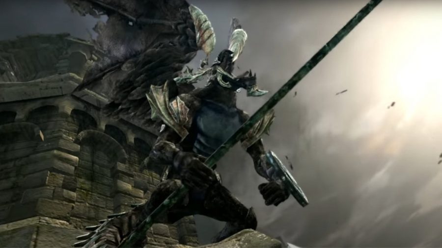 Dark Souls Bell Gargoyle growling to the sky holding a halberd