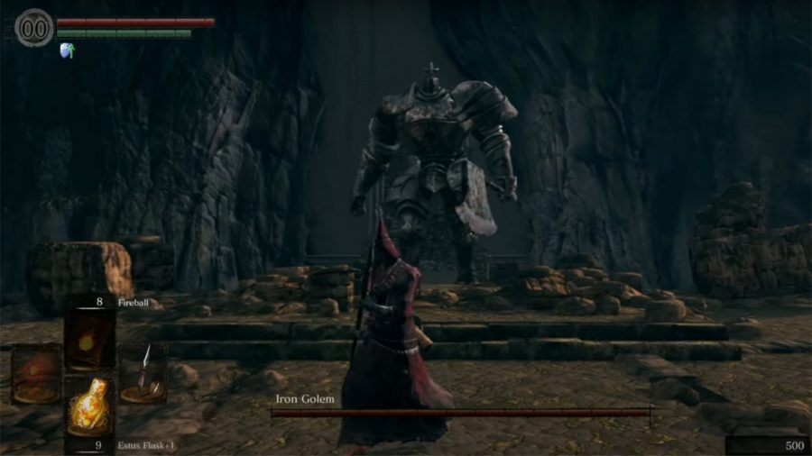 The chosen undead running from Dark Souls' Iron Golem