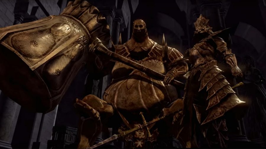 Dark Souls' Ornstein and Smough holding a spear and hammer