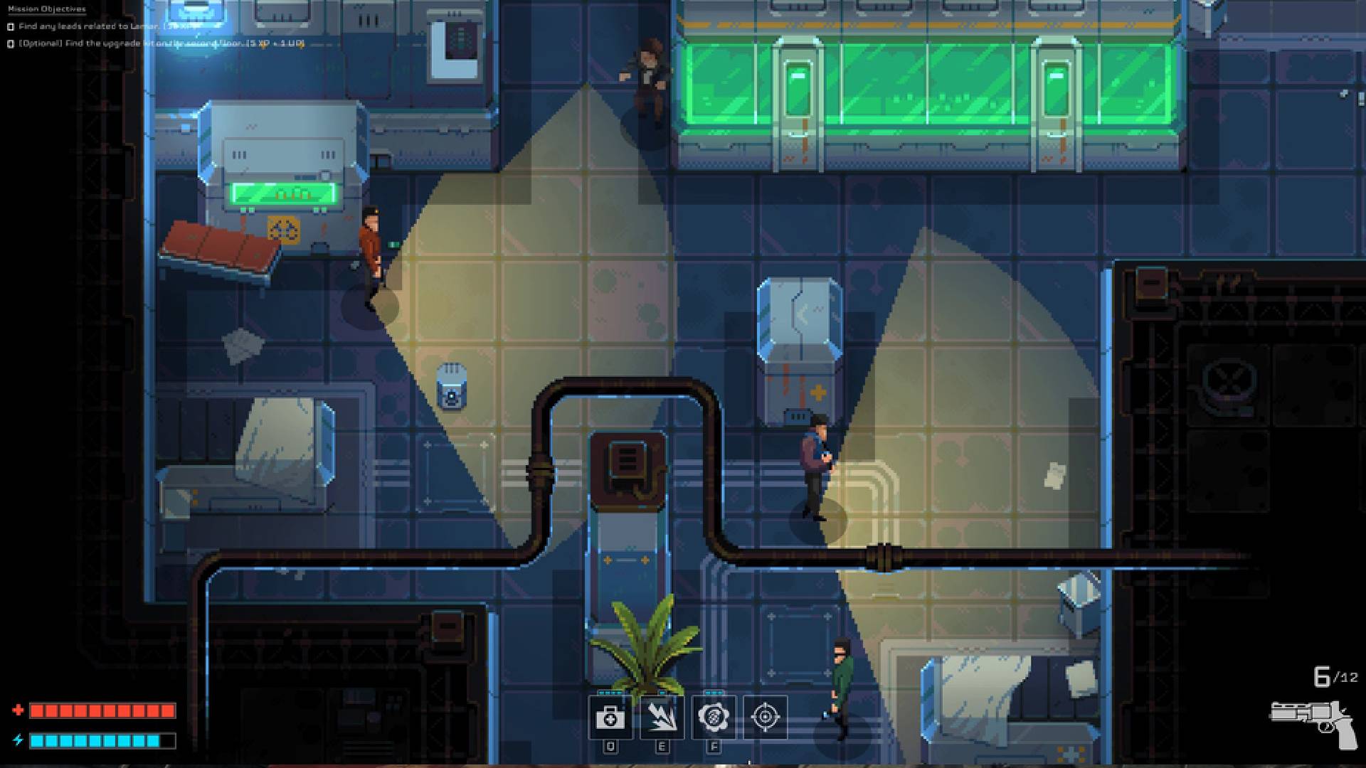 melhores jogos de espionagem: uma cena pixelizada de cima para baixo mostra uma série de alarmes e personagens tentando passar por eles