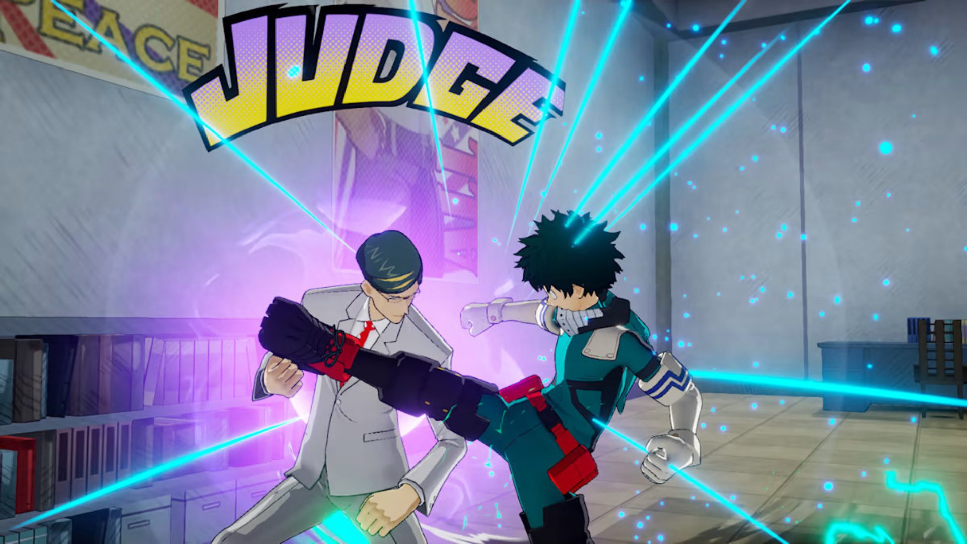 Izuku dando um chute em My Hero One's Justice 2