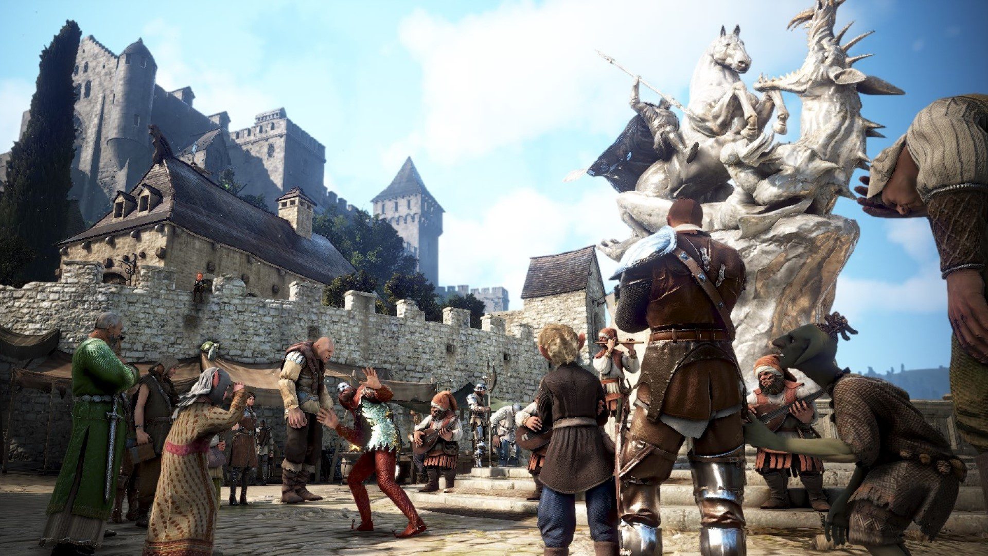 Best mobile multiplayer games: Black Desert Mobile. Image shows a bunch of people near a castle,.