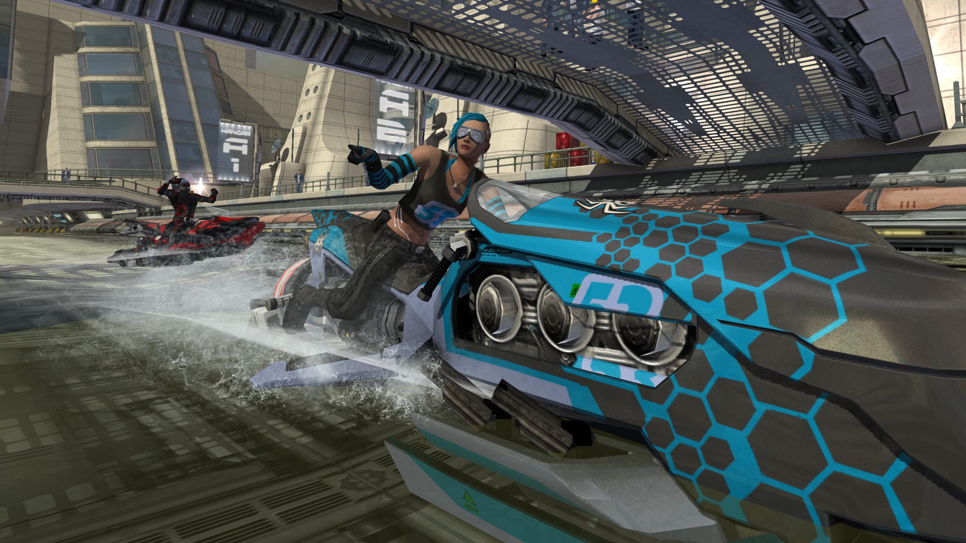 Best mobile multiplayer games: Riptide GP: Renegade. Image shows a lady on a futuristic vehicle.