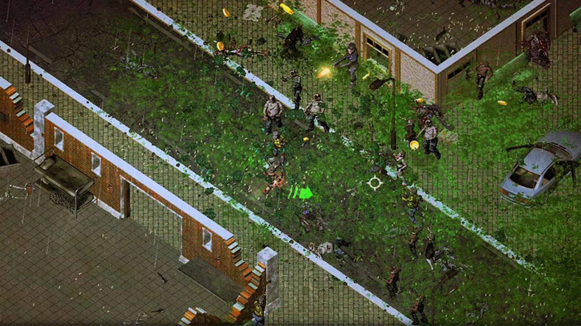 Melhores atiradores móveis: Zombie Shooter.  A imagem mostra um campo cheio de zumbis se aproximando de uma casa.