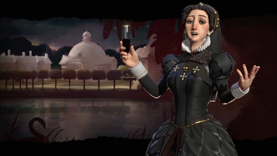 Catherine from Civilization 6, a woman in a black gown with white cuffs and a white ruff. She has long black hair tied back.