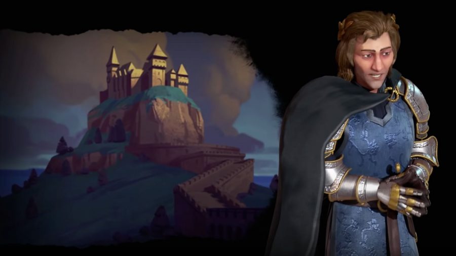 Matthias from Civilization 6, a man in silver armour, blue cape and robe, with blond hair and a crown.