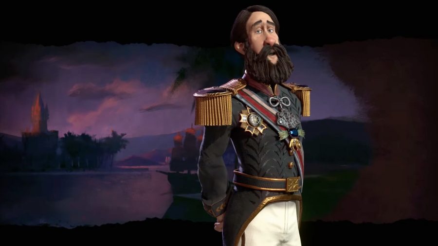 Pedro from Civilization 6, a man in military uniform with a sash across his from and white trousers. His a large black beard and slicked black hair.