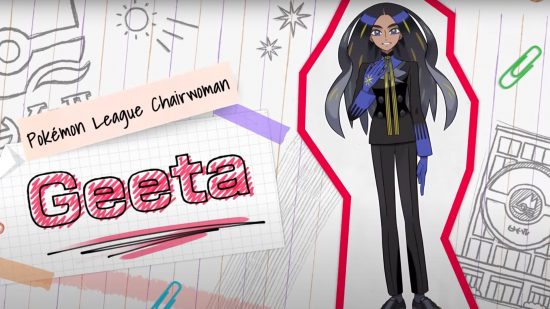 Um desenho de Geeta, a presidente da Liga Pokémon em Pokémon Scarlet e Violet.