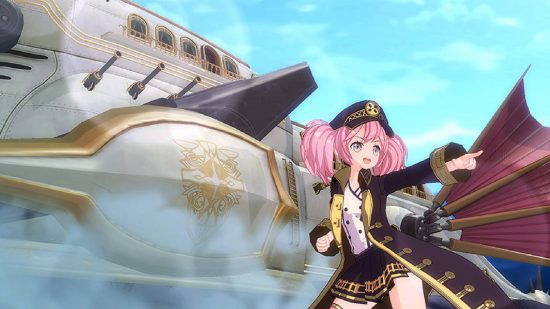 Eroica tier list: uma jovem com cabelo rosa brilhante fica dinamicamente na frente de um grande navio de batalha