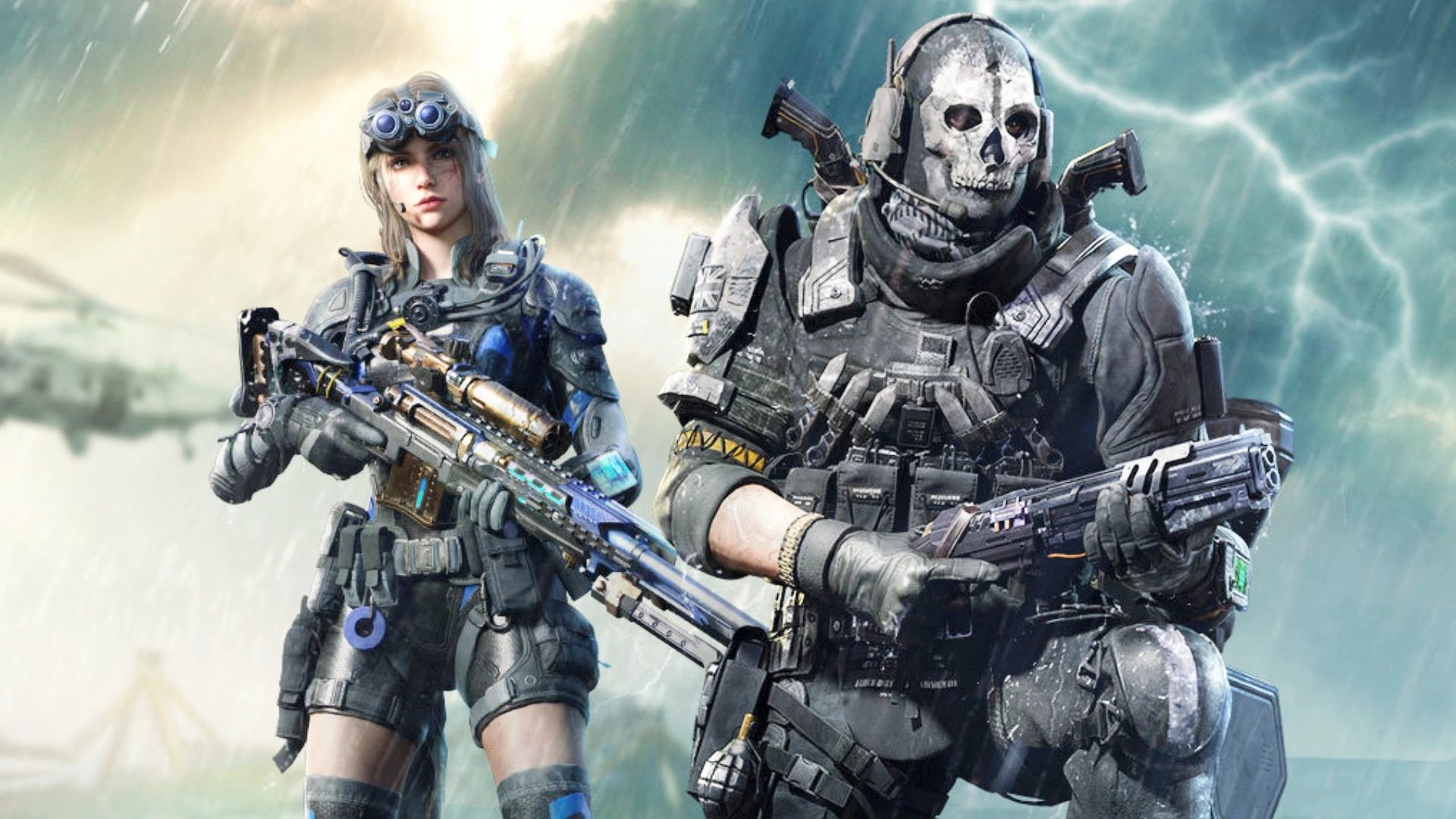 Melhores atiradores móveis: Call of Duty: Mobile.  A imagem mostra Ghost e um colega soldado na frente de uma tempestade.