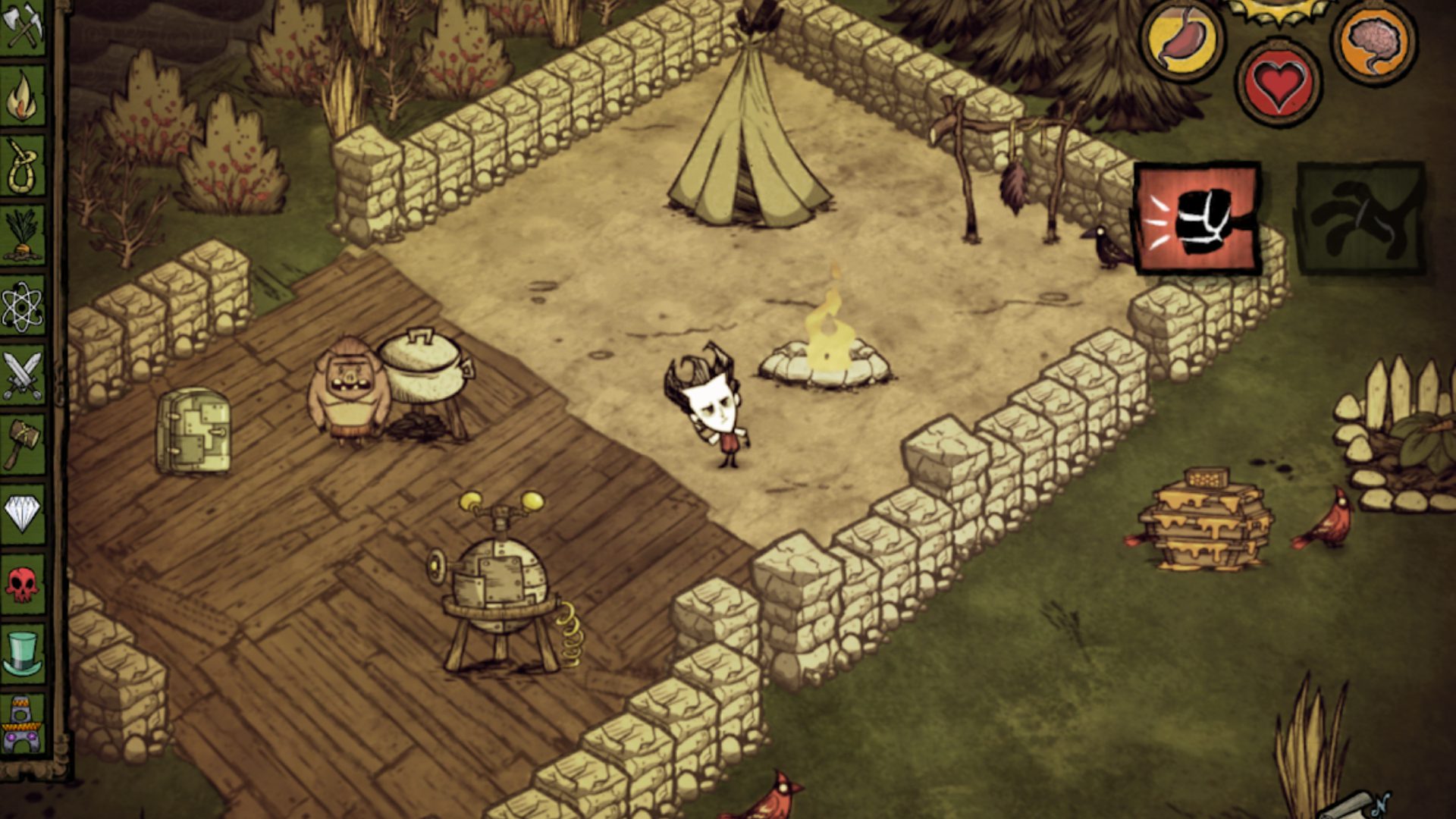 Melhores jogos de sobrevivência no celular: Don't Starve.  A imagem mostra personagens em pé perto de um muro de pedra.