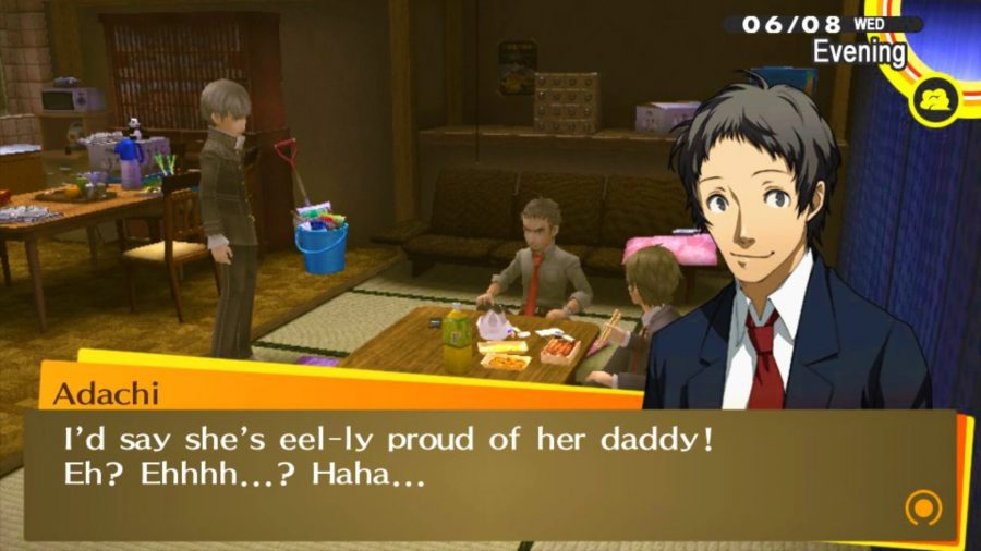 Adachi pensando que ele é engraçado