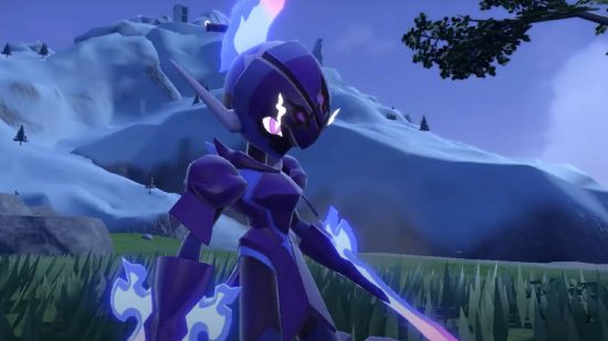 Pokemon Scarlet e Violet novo Pokemon: uma captura de tela do jogo Pokemon Scarlet e Violet revela o fogo fantasma Pokemon Ceruledge, parece uma criatura presa em uma armadura com chamas fantasmagóricas que emanam de seu corpo 