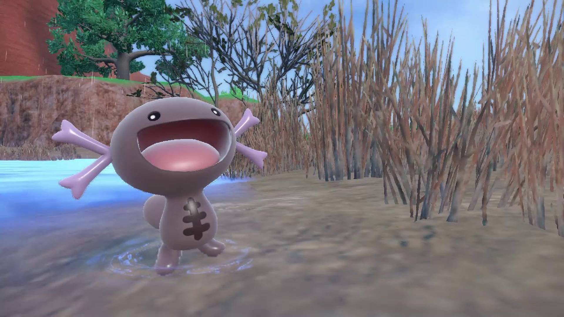 Pokemon Scarlet & Violet novo Pokemon: uma forma regional do Pokemon Wooper é mostrada, agora marrom, e com a boca aberta em um sorriso delicioso