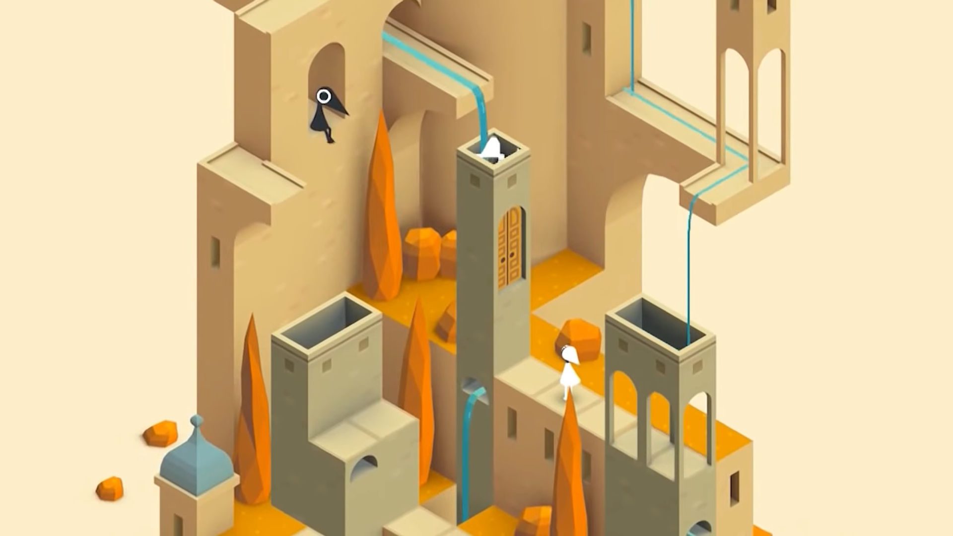 Captura de tela de um nível em Monument Valley, mostrando a princesa navegando em um quebra-cabeça enquanto é observada por um corvo