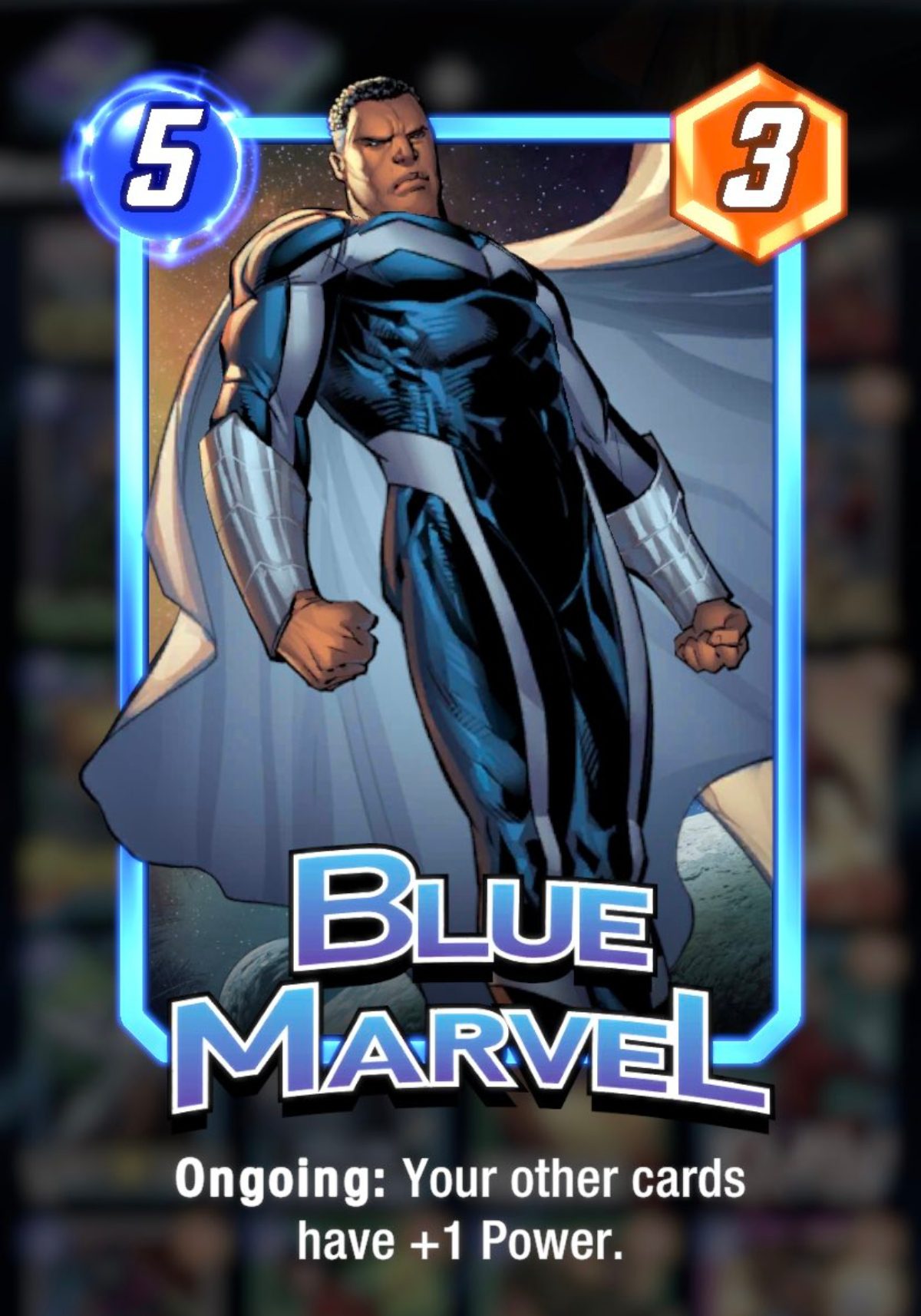 um homem negro musculoso em um terno azul apertado com uma capa branca e manoplas.  o nome Blue Marvel está na parte inferior do cartão comercial 