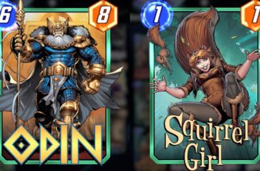 an image of Odin in blue and gold armor with a golden spear on the left; an image of Squirrel Girl in a brown costume with shorts and a bushy tail on the right