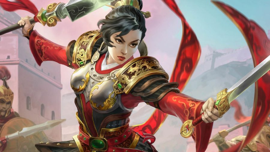 Deus chinês Mulan com seus arcos e espadas enfrentando um inimigo invisível