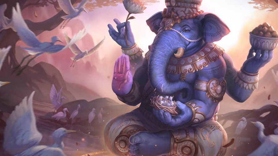 Smite o personagem Ganesha em uma zona estranha com os braços cruzados e o tronco longo