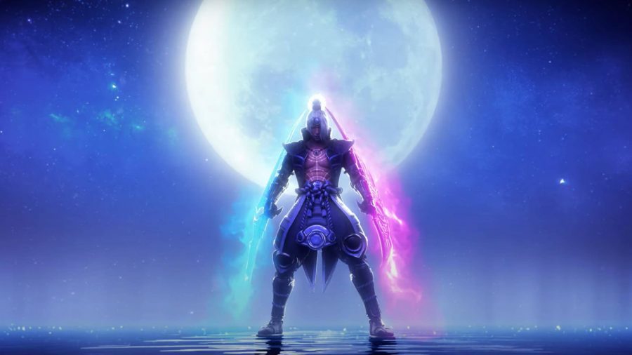 Smite o personagem Tsukuyomi em pé sob uma lua com espadas coloridas 